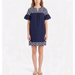 J. Crew Embroidered Flower Bell Sleeve Shift Dress Navy White Women's 10